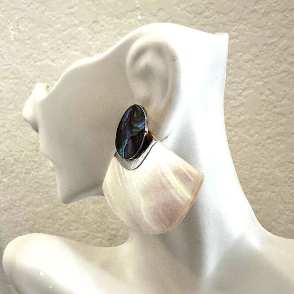 Vintage MODERNIST 925 Sterling Silver Half Moon Abalone mother of pearl  Stud Ea - Picture 4 of 11